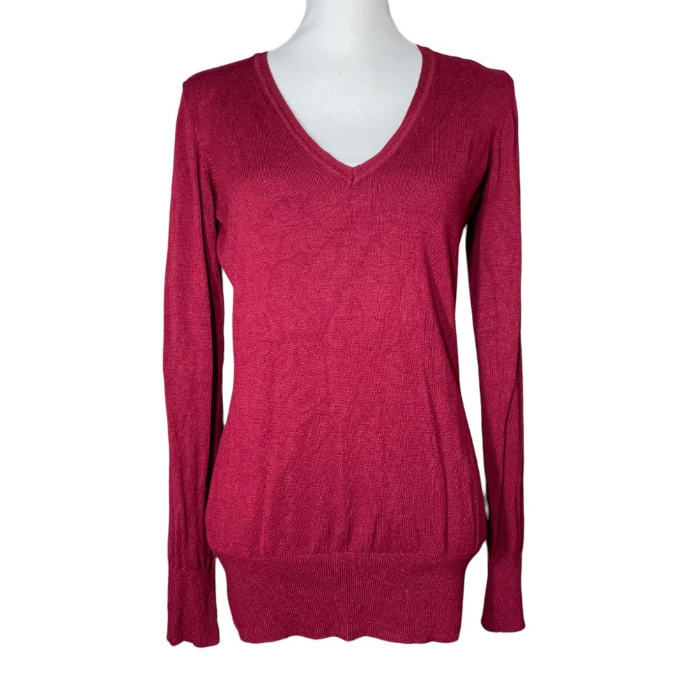 Longline V-Neck Sweater M Burgundy Red Rayon Nylon Pullover Long Sleeve